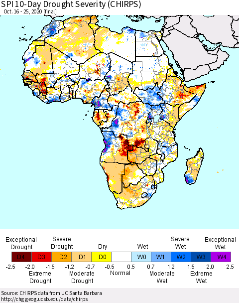 Africa SPI 10-Day Drought Severity (CHIRPS) Thematic Map For 10/16/2020 - 10/25/2020