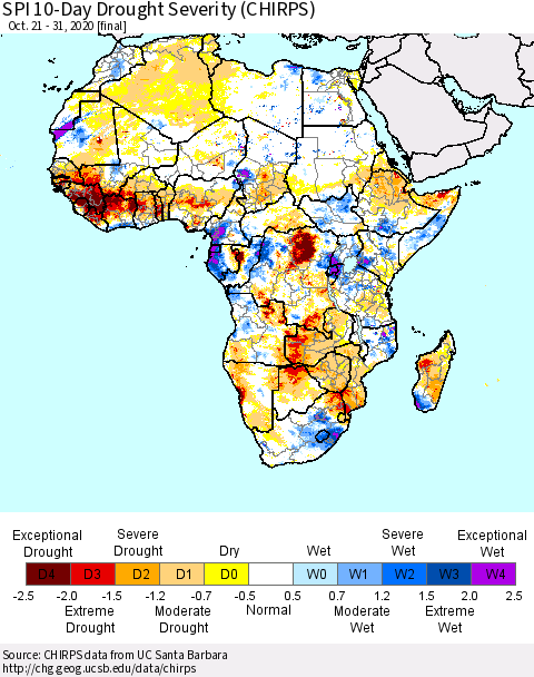 Africa SPI 10-Day Drought Severity (CHIRPS) Thematic Map For 10/21/2020 - 10/31/2020
