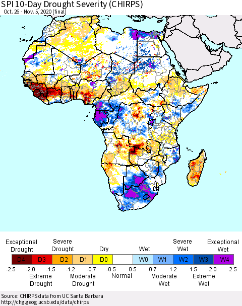 Africa SPI 10-Day Drought Severity (CHIRPS) Thematic Map For 10/26/2020 - 11/5/2020