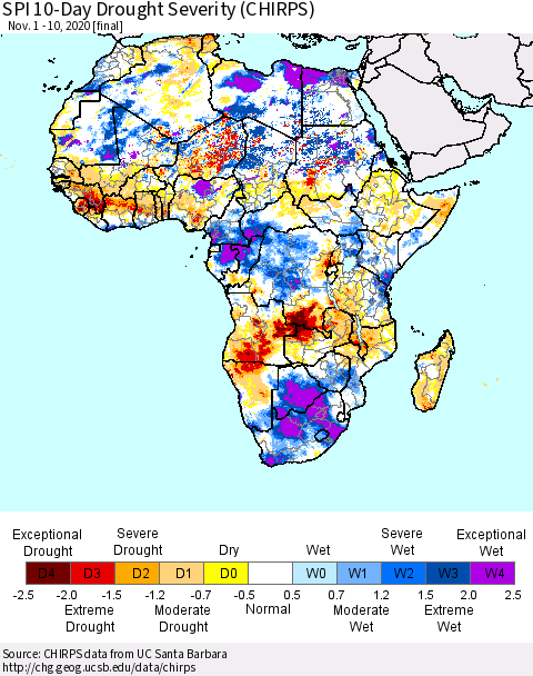 Africa SPI 10-Day Drought Severity (CHIRPS) Thematic Map For 11/1/2020 - 11/10/2020