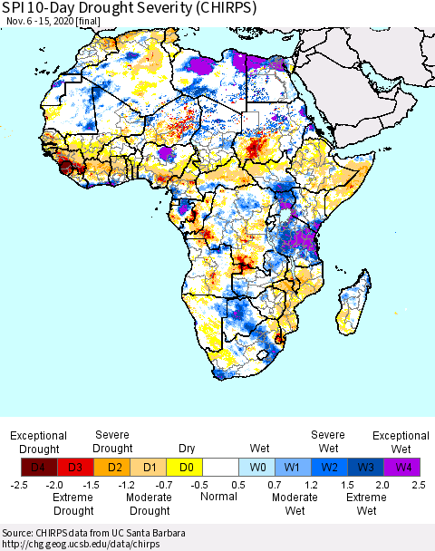 Africa SPI 10-Day Drought Severity (CHIRPS) Thematic Map For 11/6/2020 - 11/15/2020