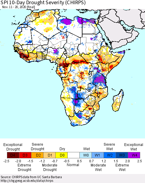 Africa SPI 10-Day Drought Severity (CHIRPS) Thematic Map For 11/11/2020 - 11/20/2020