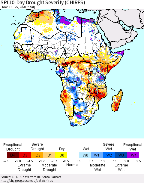 Africa SPI 10-Day Drought Severity (CHIRPS) Thematic Map For 11/16/2020 - 11/25/2020
