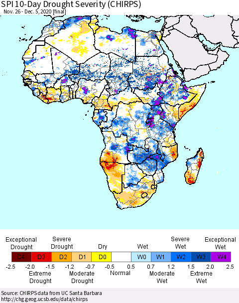 Africa SPI 10-Day Drought Severity (CHIRPS) Thematic Map For 11/26/2020 - 12/5/2020