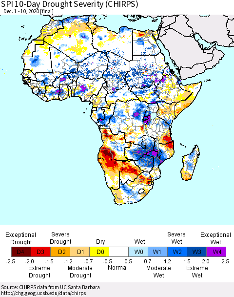 Africa SPI 10-Day Drought Severity (CHIRPS) Thematic Map For 12/1/2020 - 12/10/2020