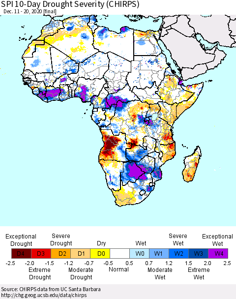 Africa SPI 10-Day Drought Severity (CHIRPS) Thematic Map For 12/11/2020 - 12/20/2020