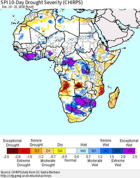 Africa SPI 10-Day Drought Severity (CHIRPS) Thematic Map For 12/16/2020 - 12/25/2020