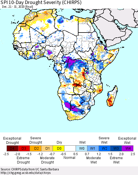 Africa SPI 10-Day Drought Severity (CHIRPS) Thematic Map For 12/21/2020 - 12/31/2020