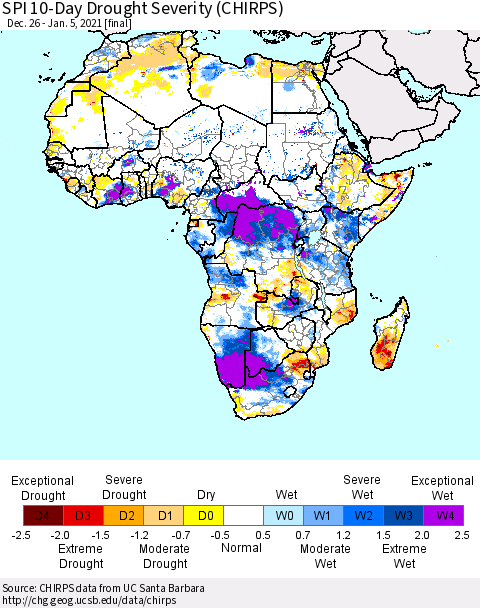 Africa SPI 10-Day Drought Severity (CHIRPS) Thematic Map For 12/26/2020 - 1/5/2021