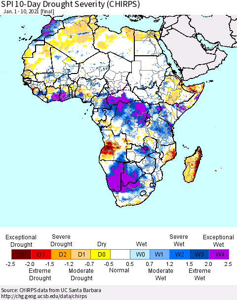 Africa SPI 10-Day Drought Severity (CHIRPS) Thematic Map For 1/1/2021 - 1/10/2021