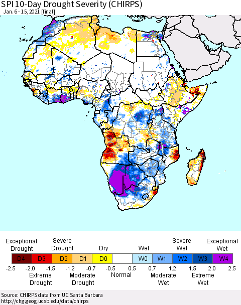 Africa SPI 10-Day Drought Severity (CHIRPS) Thematic Map For 1/6/2021 - 1/15/2021