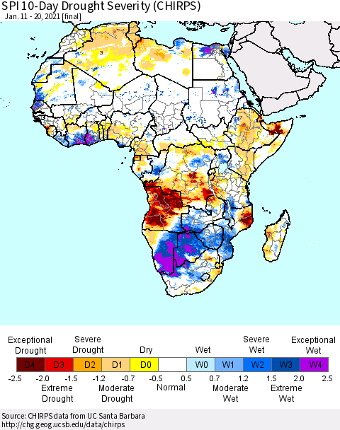 Africa SPI 10-Day Drought Severity (CHIRPS) Thematic Map For 1/11/2021 - 1/20/2021