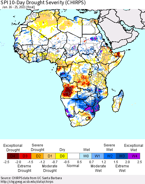 Africa SPI 10-Day Drought Severity (CHIRPS) Thematic Map For 1/16/2021 - 1/25/2021