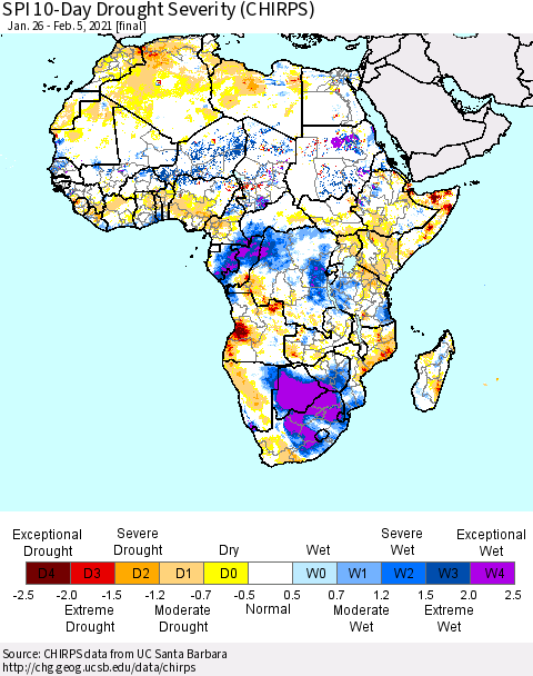 Africa SPI 10-Day Drought Severity (CHIRPS) Thematic Map For 1/26/2021 - 2/5/2021