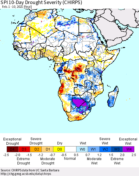 Africa SPI 10-Day Drought Severity (CHIRPS) Thematic Map For 2/1/2021 - 2/10/2021