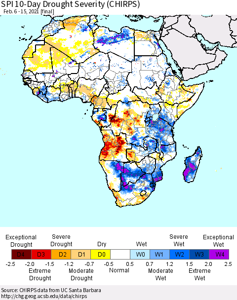 Africa SPI 10-Day Drought Severity (CHIRPS) Thematic Map For 2/6/2021 - 2/15/2021