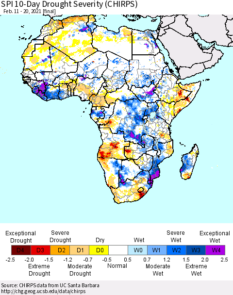 Africa SPI 10-Day Drought Severity (CHIRPS) Thematic Map For 2/11/2021 - 2/20/2021