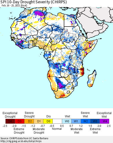 Africa SPI 10-Day Drought Severity (CHIRPS) Thematic Map For 2/16/2021 - 2/25/2021