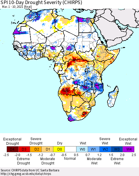 Africa SPI 10-Day Drought Severity (CHIRPS) Thematic Map For 3/1/2021 - 3/10/2021