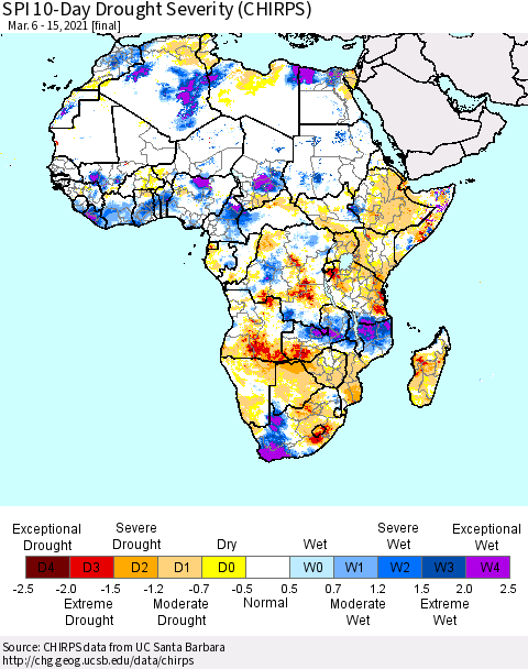Africa SPI 10-Day Drought Severity (CHIRPS) Thematic Map For 3/6/2021 - 3/15/2021