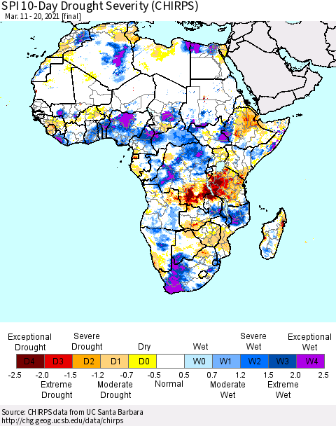 Africa SPI 10-Day Drought Severity (CHIRPS) Thematic Map For 3/11/2021 - 3/20/2021