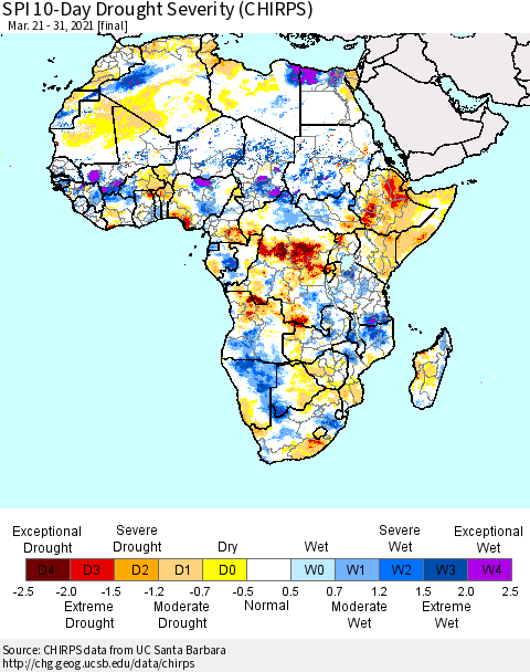 Africa SPI 10-Day Drought Severity (CHIRPS) Thematic Map For 3/21/2021 - 3/31/2021