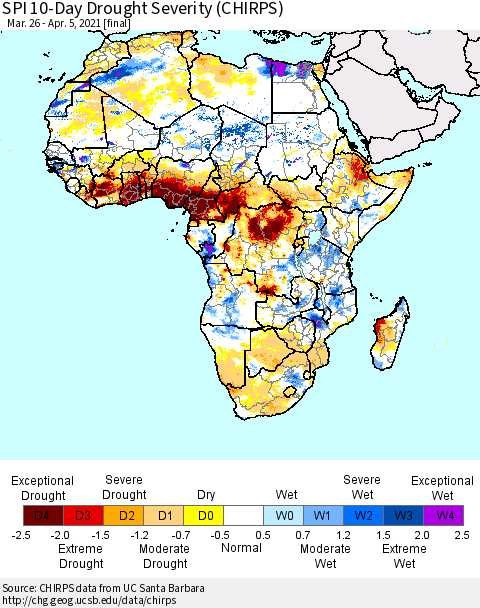 Africa SPI 10-Day Drought Severity (CHIRPS) Thematic Map For 3/26/2021 - 4/5/2021