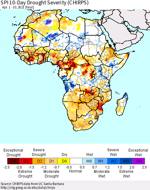 Africa SPI 10-Day Drought Severity (CHIRPS) Thematic Map For 4/1/2021 - 4/10/2021