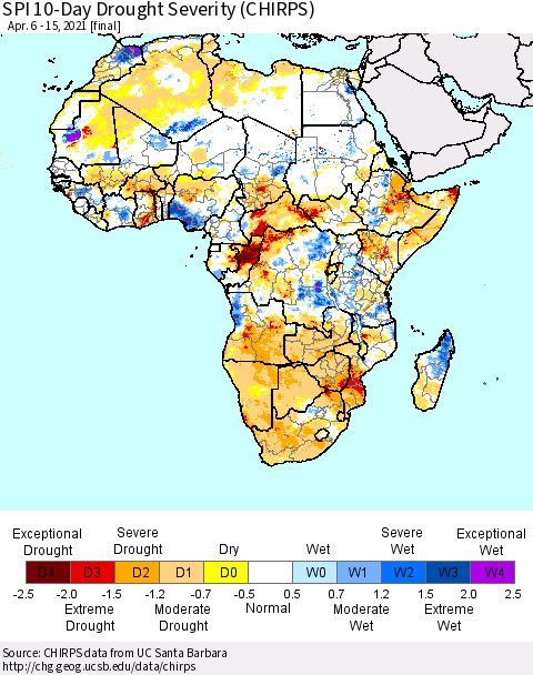 Africa SPI 10-Day Drought Severity (CHIRPS) Thematic Map For 4/6/2021 - 4/15/2021