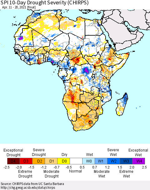Africa SPI 10-Day Drought Severity (CHIRPS) Thematic Map For 4/11/2021 - 4/20/2021