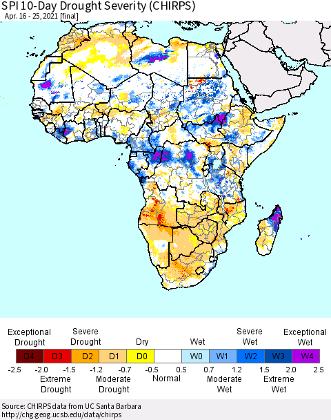 Africa SPI 10-Day Drought Severity (CHIRPS) Thematic Map For 4/16/2021 - 4/25/2021