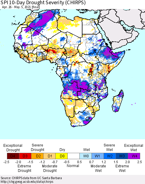 Africa SPI 10-Day Drought Severity (CHIRPS) Thematic Map For 4/26/2021 - 5/5/2021
