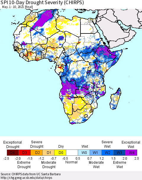 Africa SPI 10-Day Drought Severity (CHIRPS) Thematic Map For 5/1/2021 - 5/10/2021