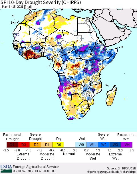 Africa SPI 10-Day Drought Severity (CHIRPS) Thematic Map For 5/6/2021 - 5/15/2021