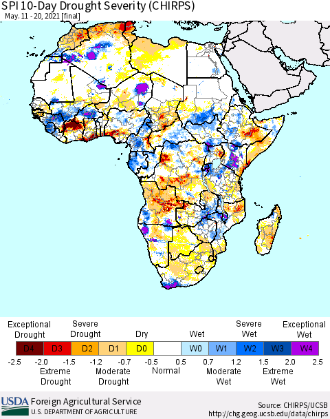 Africa SPI 10-Day Drought Severity (CHIRPS) Thematic Map For 5/11/2021 - 5/20/2021