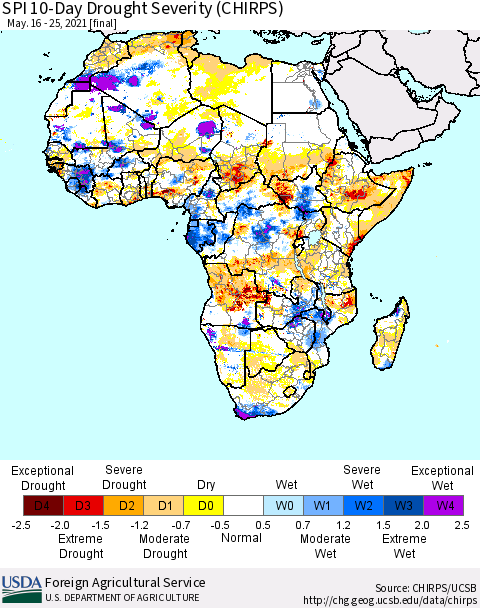 Africa SPI 10-Day Drought Severity (CHIRPS) Thematic Map For 5/16/2021 - 5/25/2021