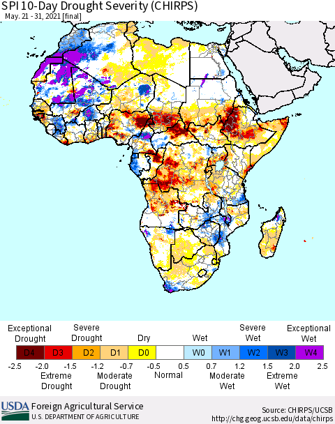 Africa SPI 10-Day Drought Severity (CHIRPS) Thematic Map For 5/21/2021 - 5/31/2021
