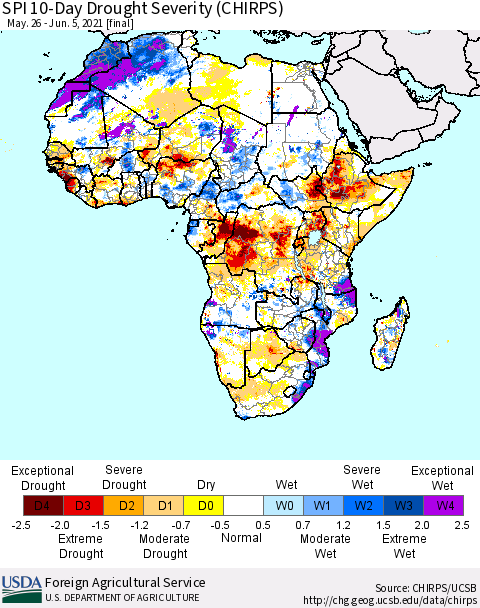 Africa SPI 10-Day Drought Severity (CHIRPS) Thematic Map For 5/26/2021 - 6/5/2021
