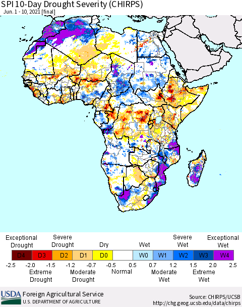 Africa SPI 10-Day Drought Severity (CHIRPS) Thematic Map For 6/1/2021 - 6/10/2021