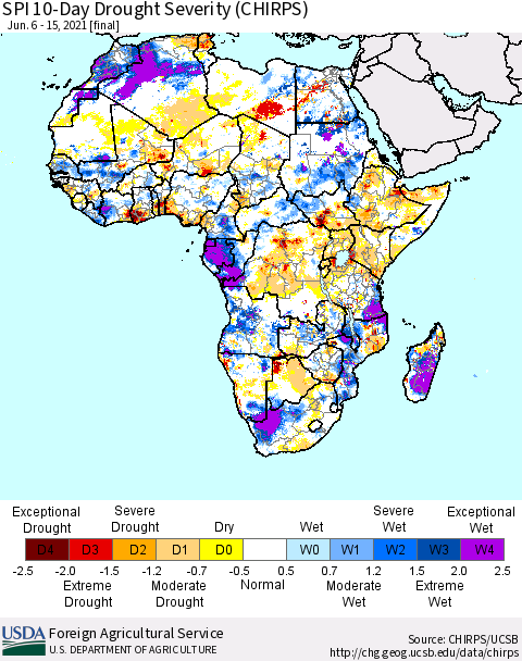 Africa SPI 10-Day Drought Severity (CHIRPS) Thematic Map For 6/6/2021 - 6/15/2021