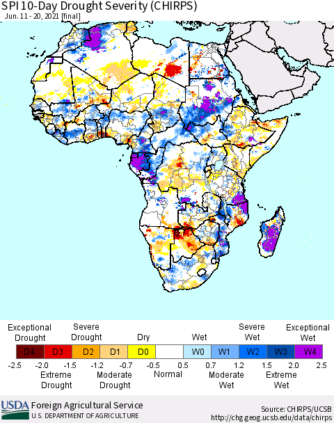 Africa SPI 10-Day Drought Severity (CHIRPS) Thematic Map For 6/11/2021 - 6/20/2021