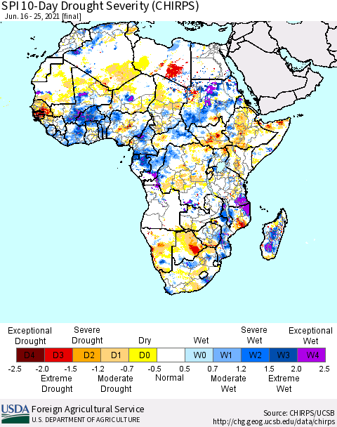 Africa SPI 10-Day Drought Severity (CHIRPS) Thematic Map For 6/16/2021 - 6/25/2021