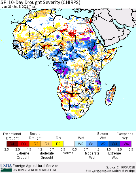 Africa SPI 10-Day Drought Severity (CHIRPS) Thematic Map For 6/26/2021 - 7/5/2021
