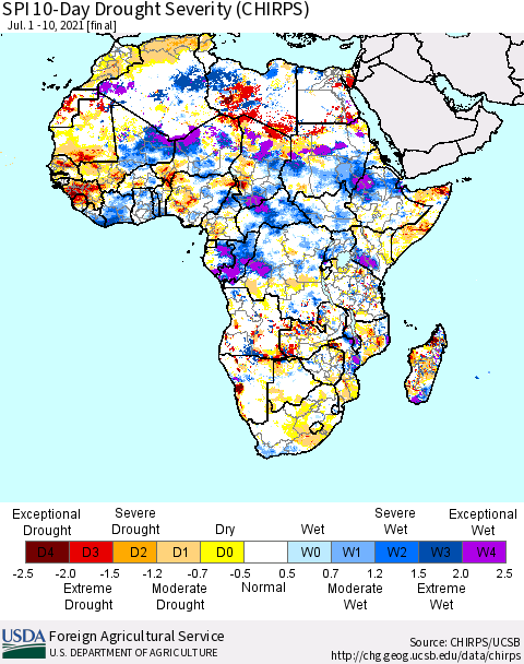 Africa SPI 10-Day Drought Severity (CHIRPS) Thematic Map For 7/1/2021 - 7/10/2021