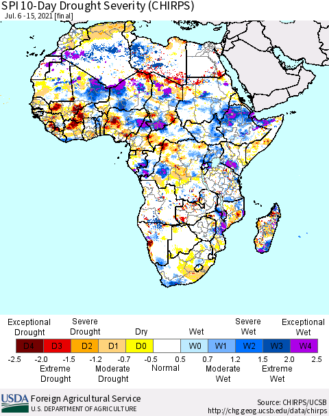 Africa SPI 10-Day Drought Severity (CHIRPS) Thematic Map For 7/6/2021 - 7/15/2021