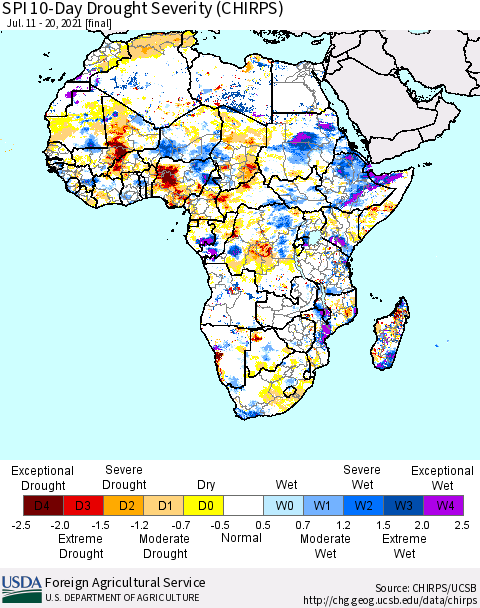 Africa SPI 10-Day Drought Severity (CHIRPS) Thematic Map For 7/11/2021 - 7/20/2021