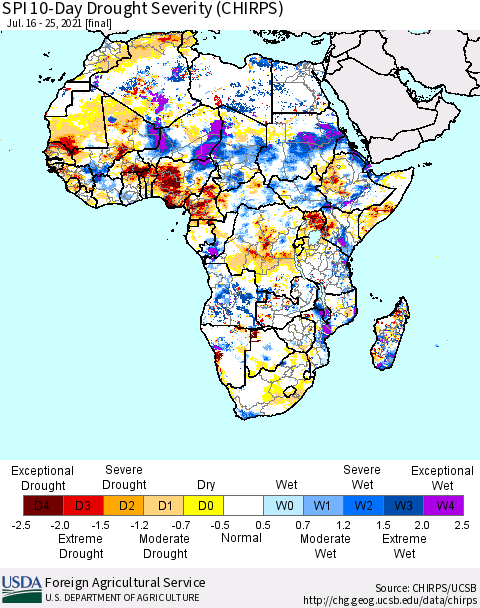 Africa SPI 10-Day Drought Severity (CHIRPS) Thematic Map For 7/16/2021 - 7/25/2021