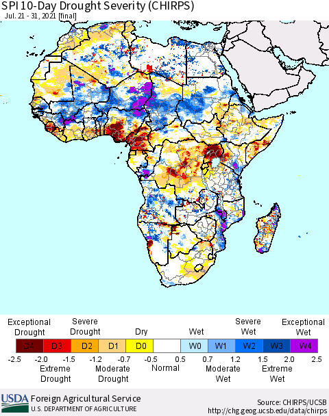Africa SPI 10-Day Drought Severity (CHIRPS) Thematic Map For 7/21/2021 - 7/31/2021