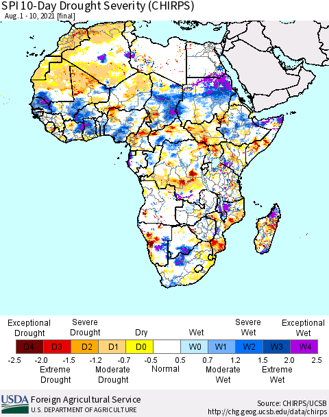 Africa SPI 10-Day Drought Severity (CHIRPS) Thematic Map For 8/1/2021 - 8/10/2021