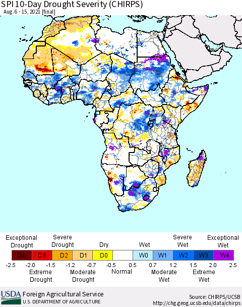 Africa SPI 10-Day Drought Severity (CHIRPS) Thematic Map For 8/6/2021 - 8/15/2021